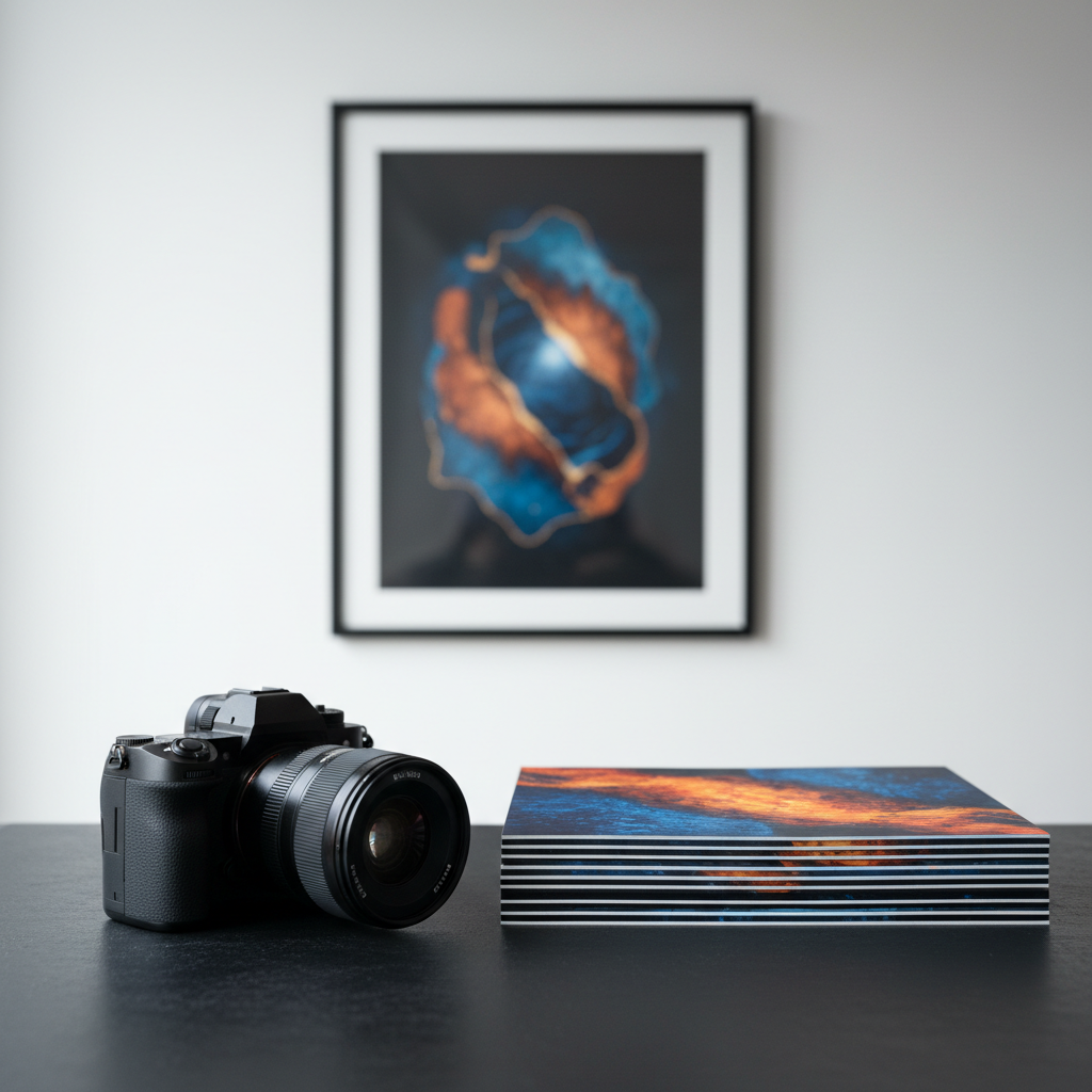 A meticulously arranged fine art photography workspace featuring a single high-end mirrorless camera with a prime lens resting on a matte black tabletop. Beside it lies a neatly stacked pile of archival-quality matte prints, each showing abstract, richly colored patterns, their edges perfectly aligned. In the background, a minimal white wall displays one large framed digital abstract piece, its deep blues and copper tones subtly glowing. Soft, diffused north-facing daylight enters from an unseen window, creating gentle reflections on the camera body and a calm gradient of light across the wall. Shot at eye level with a shallow depth of field, the camera and nearest print are in tack-sharp focus while the artwork behind falls into a sophisticated blur. The mood is professional, contemplative, and exquisitely clean, rendered in photographic realism.
