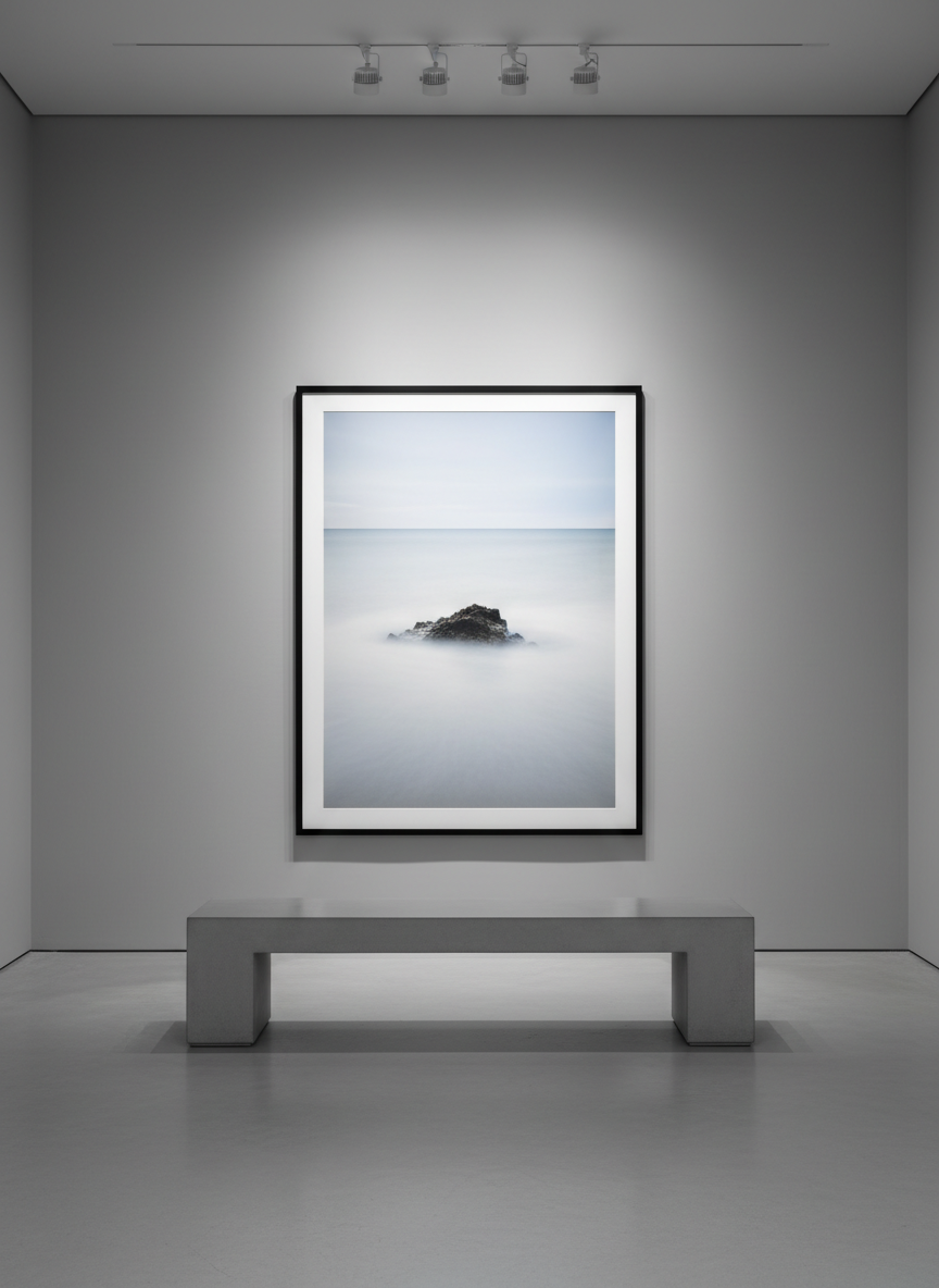 A large, gallery-style fine art photograph of a minimalist seascape mounted on a smooth, neutral gray wall in a pristine exhibition space. The print shows a long-exposure shoreline where water dissolves into a silky mist, with a single dark rock emerging from the soft gradient of pale blues and silvers. The artwork is framed in thin black metal with a generous white mat, hovering above a low concrete bench. Overhead track lighting casts a controlled, even glow that intensifies the print’s tonal range without glare, leaving the room’s corners in gentle shadow. Captured straight-on with precise, architectural composition and sharp focus throughout, the scene feels serene, professional, and museum-quality, emphasizing photographic realism and refined simplicity.