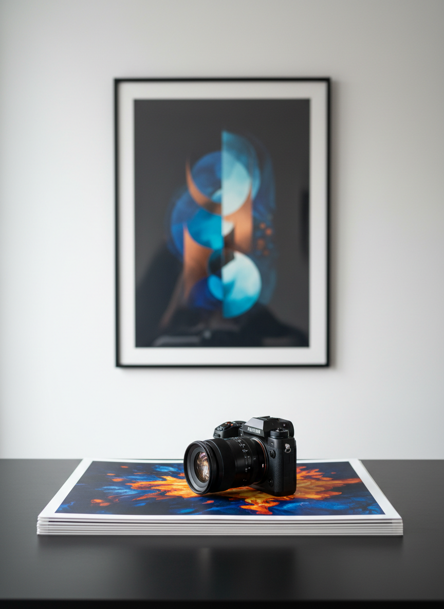 A meticulously arranged fine art photography workspace featuring a single high-end mirrorless camera with a prime lens resting on a matte black tabletop. Beside it lies a neatly stacked pile of archival-quality matte prints, each showing abstract, richly colored patterns, their edges perfectly aligned. In the background, a minimal white wall displays one large framed digital abstract piece, its deep blues and copper tones subtly glowing. Soft, diffused north-facing daylight enters from an unseen window, creating gentle reflections on the camera body and a calm gradient of light across the wall. Shot at eye level with a shallow depth of field, the camera and nearest print are in tack-sharp focus while the artwork behind falls into a sophisticated blur. The mood is professional, contemplative, and exquisitely clean, rendered in photographic realism.