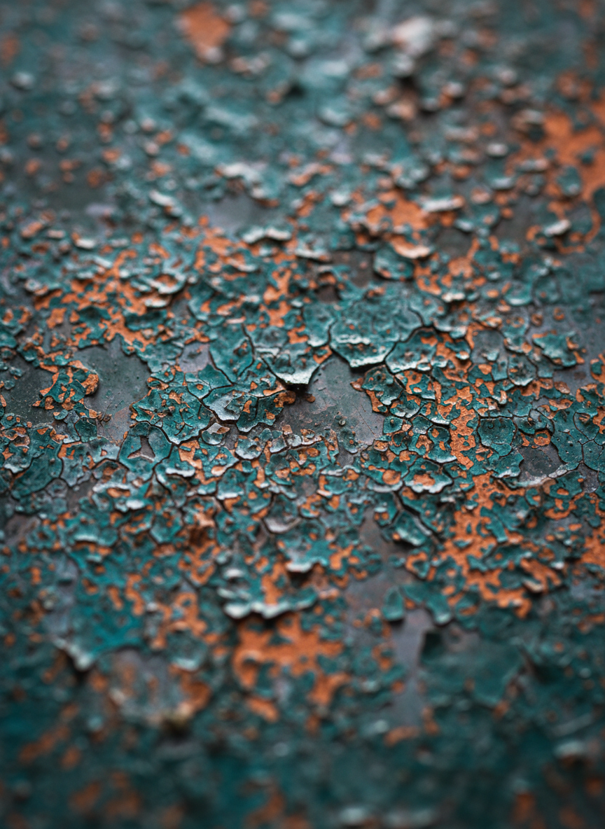 An ultra-close photographic study of cracked, weathered paint on an old industrial metal surface, transformed into a digital abstract artwork. Layers of turquoise, rust orange, and charcoal gray intertwine, forming intricate organic lines and islands of texture that resemble a satellite view of alien terrain. The surface fills the entire frame, with fine flakes, subtle gloss variations, and hairline fissures rendered in exquisite detail. Soft, diffused studio lighting from above reveals every raised edge and micro-shadow while avoiding harsh reflections. Shot with a macro lens and extremely shallow depth of field, select bands of texture are tack-sharp while foreground and background dissolve into a velvety blur. The mood is introspective and mysterious, celebrating the beauty of decay in a highly professional, photographic, fine art aesthetic.