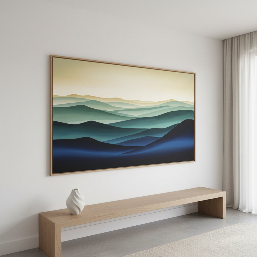 A large, horizontal fine art print of a digitally manipulated abstract landscape hanging above a minimalist wooden console in a contemporary interior. The artwork features flowing bands of color that suggest distant hills and a luminous horizon: deep indigo in the foreground, progressing through muted emerald to a pale, glowing gold sky. The print’s surface has a subtle satin sheen, catching the soft, indirect afternoon light that filters through sheer curtains at the side of the room. A single sculptural ceramic vessel in matte white sits on the console, echoing the artwork’s curves. Photographed from a slightly angled, wide perspective, the composition captures the relationship between art and space. The atmosphere is calm, sophisticated, and professional, emphasizing photographic realism and the integration of fine art photography into modern living environments.